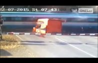 High speed train destroy truck at the railroad crossing