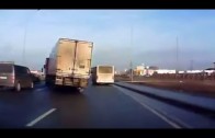 Truck avoids crash on slippery road in daredevil tactic